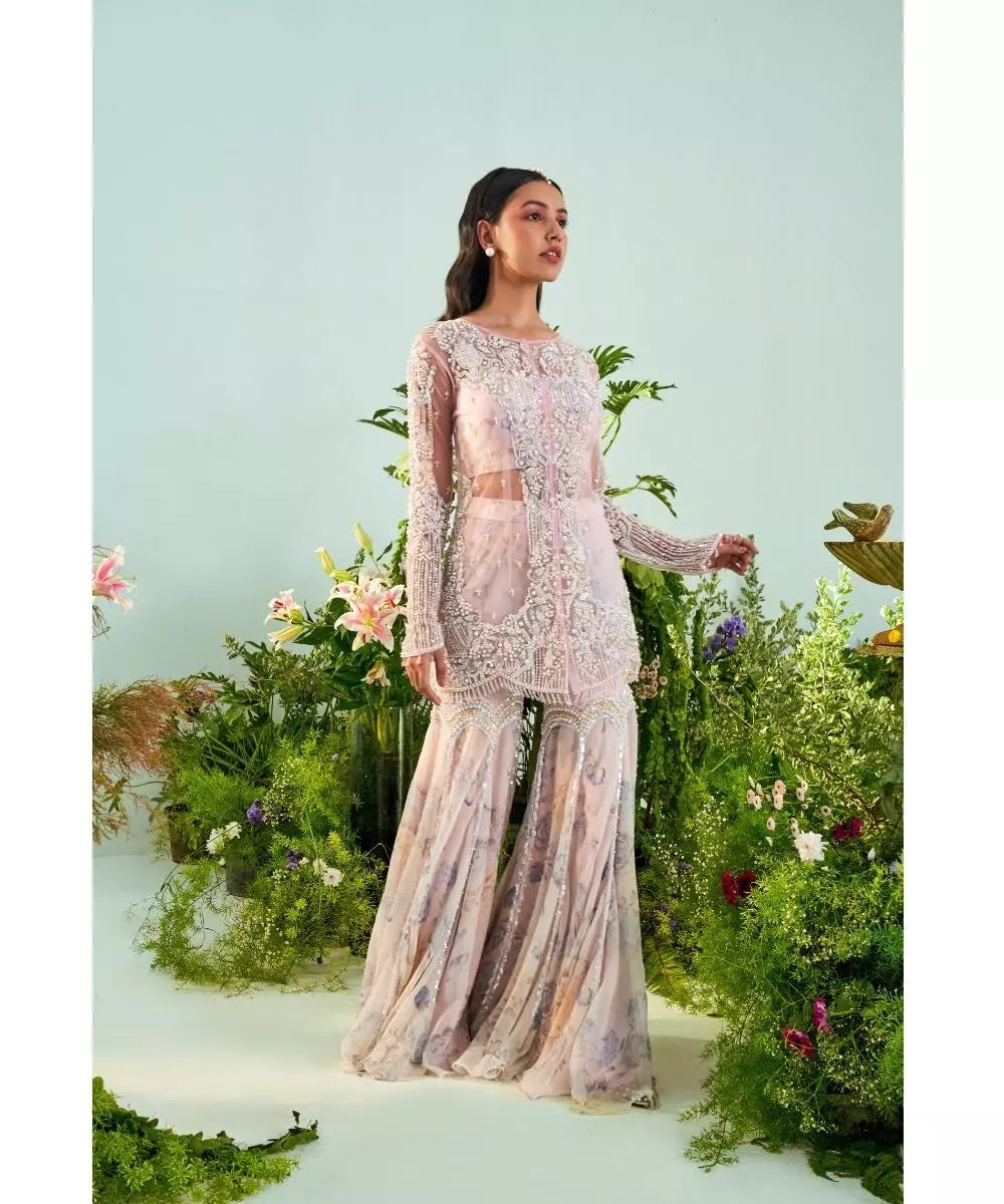 MANI BHATIA - Candy pink Jacket with Ivory print Bustier Gharara set